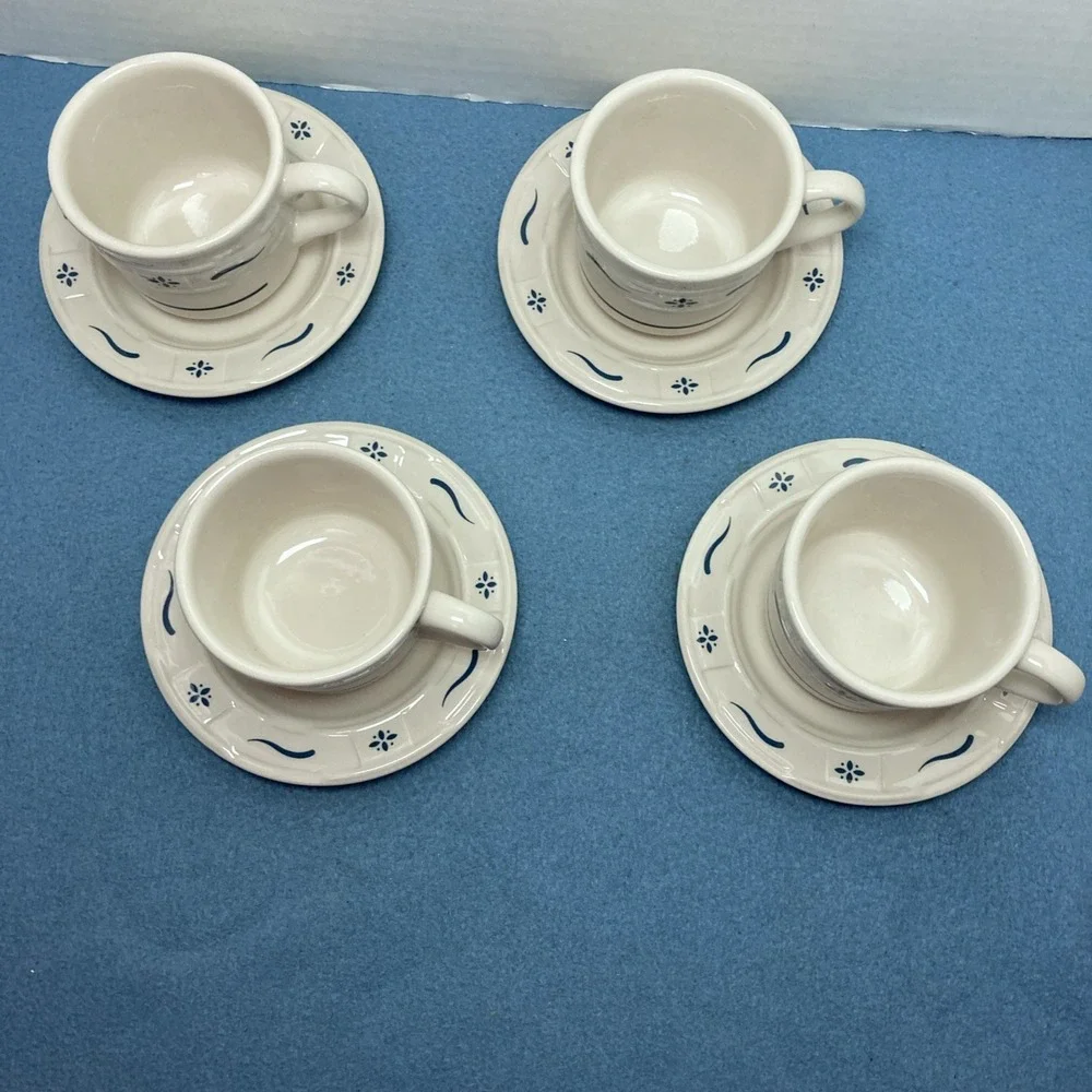 Longaberger Pottery Woven Traditions Blue Coffee/Tea Cup & Saucer - Set of 4
